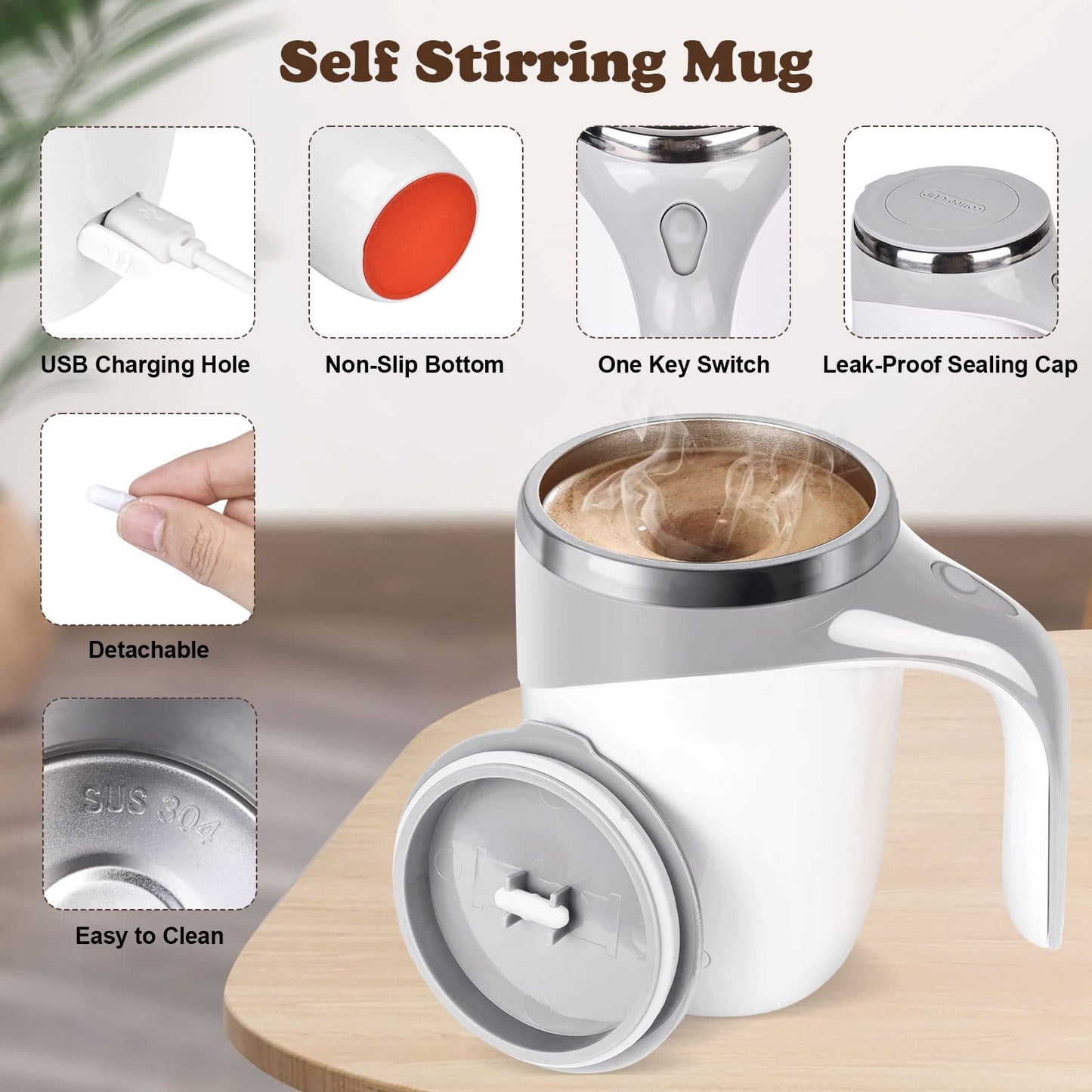 Stainless Steel Self Stirring Mug Auto Mixing Coffee Cup Cell Operated